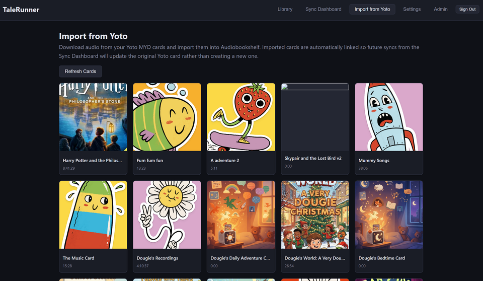 TaleRunner import view showing Yoto card list and import progress into Audiobookshelf