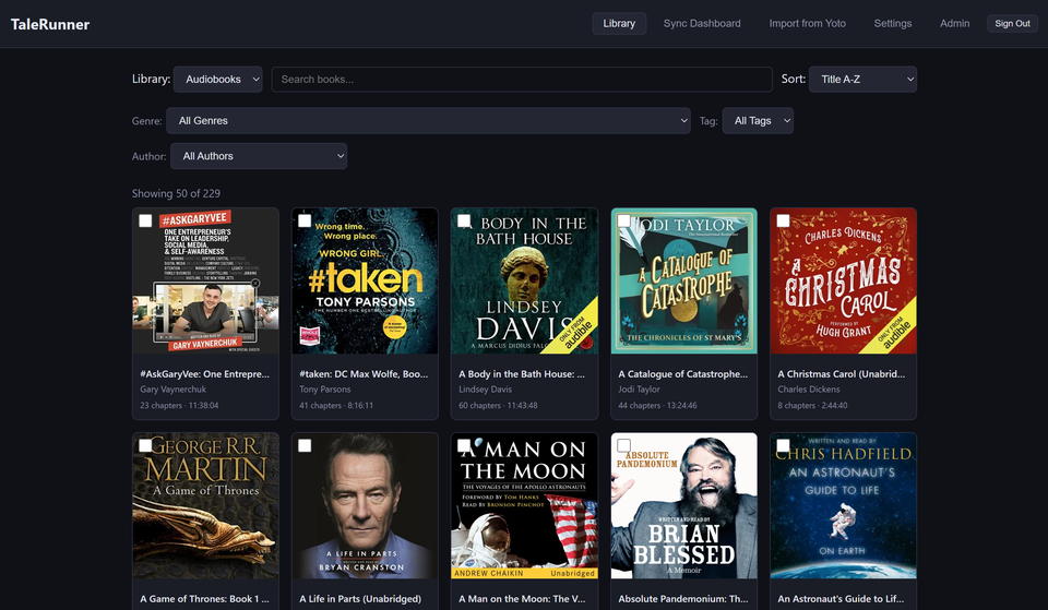 TaleRunner library view showing audiobook grid with search and filter controls