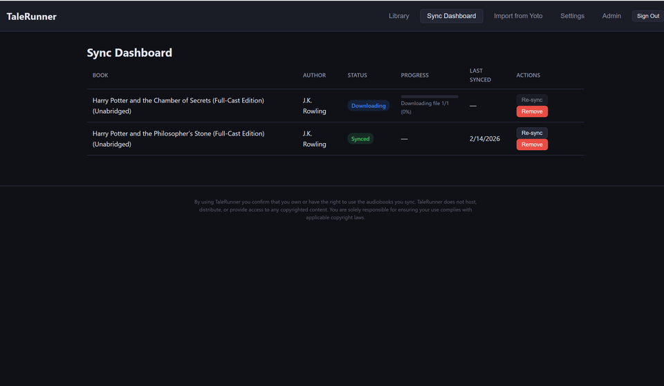 TaleRunner sync dashboard showing card progress, chapter review, and upload status